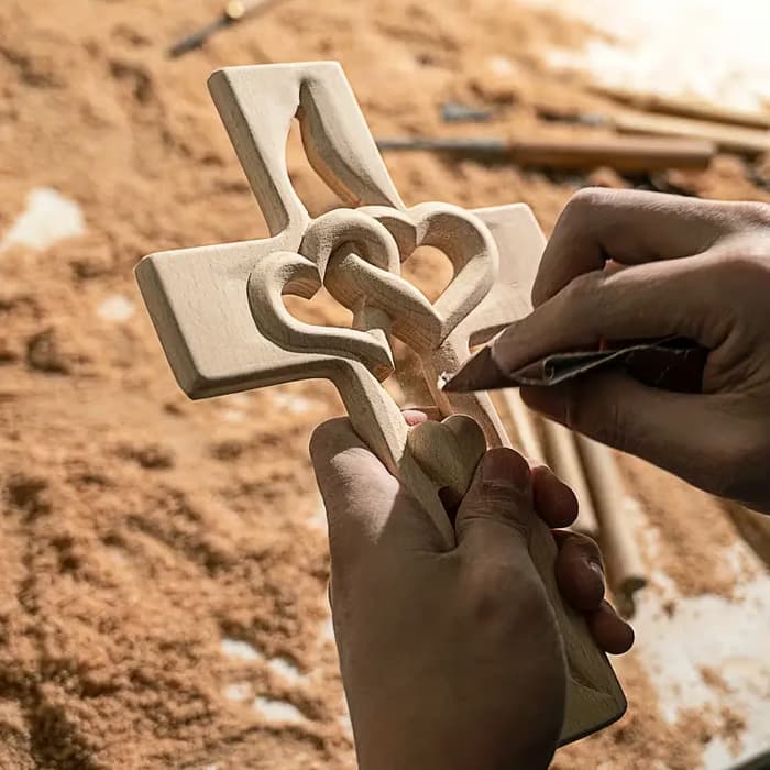 Vintage Pine Wood Cross – 100% Hand-Carved Heart Design