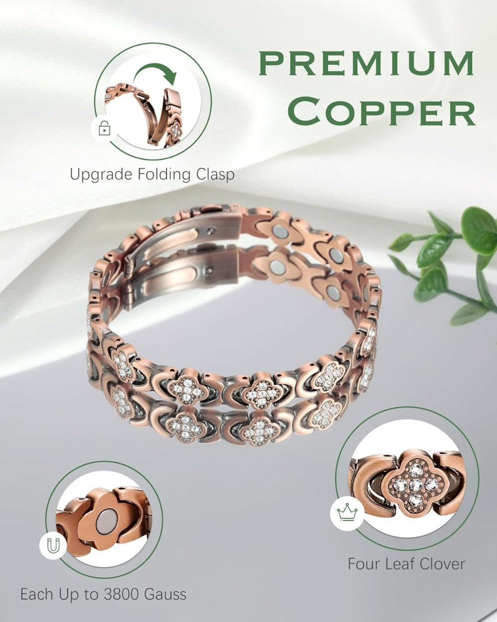 Elegant Copper Magnetic Bracelet – Lucky Clover Gift for Women (Energy & Wellness)