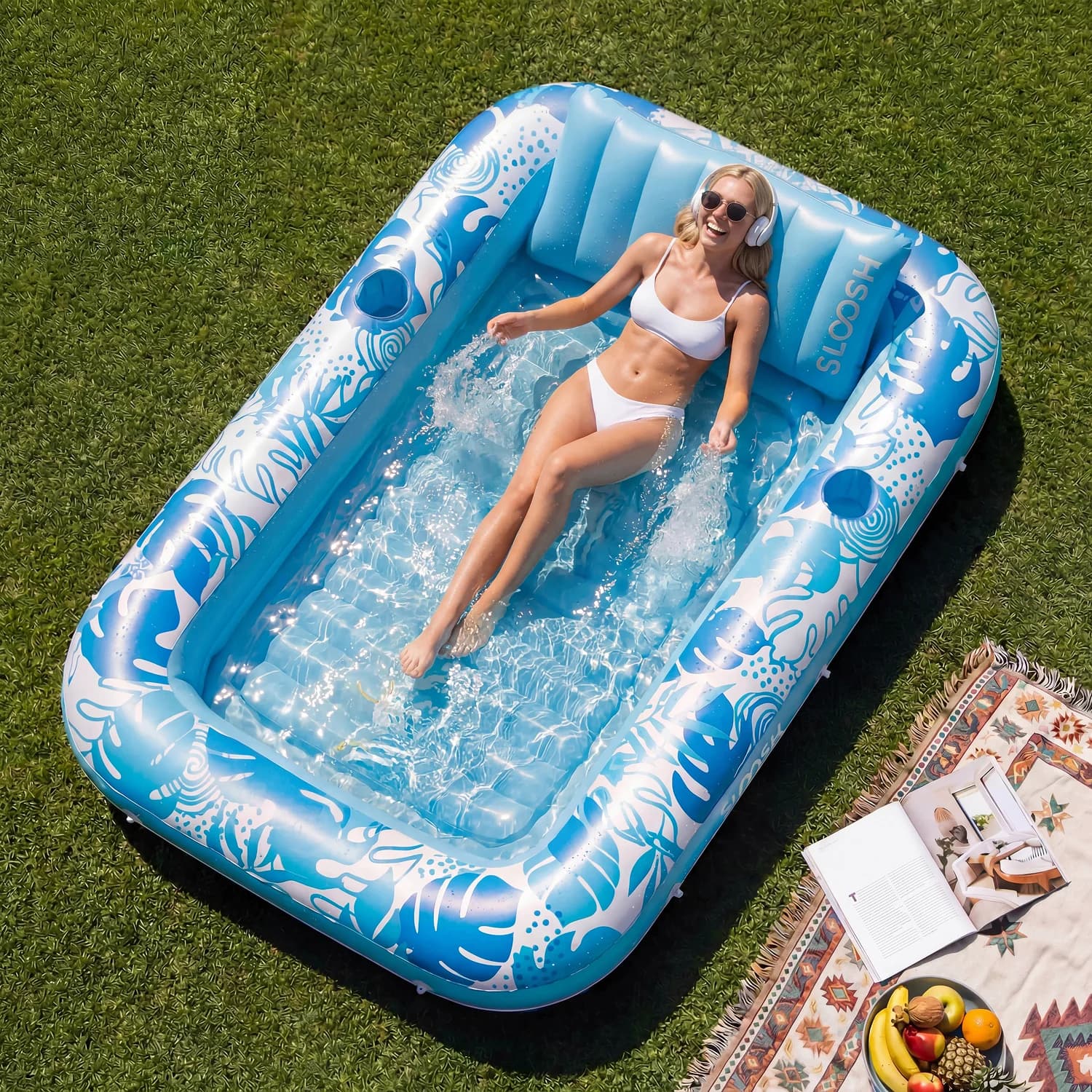 Inflatable Tanning Pool Lounger – 4-in-1 Sunbed Float with Pillow 💖70 in × 46 in