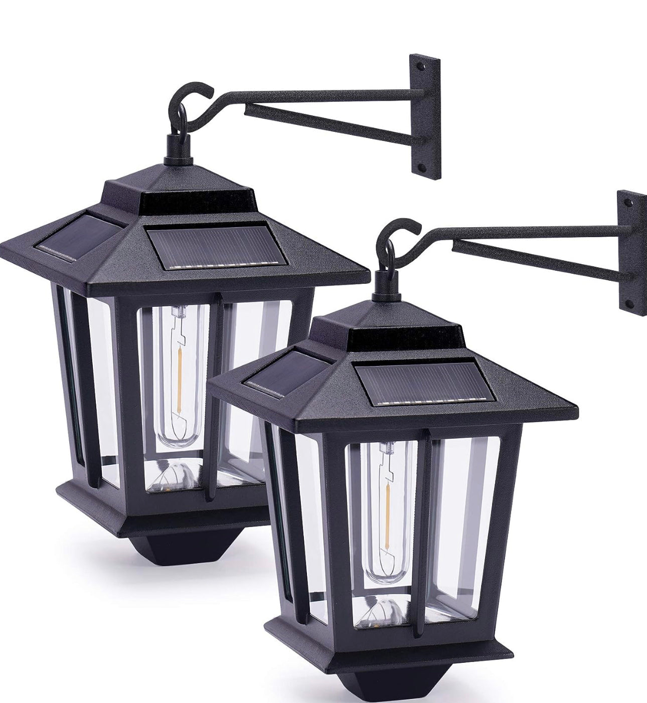 Two black outdoor wall-mounted solar-powered lanterns with glass panels and a mounting arm