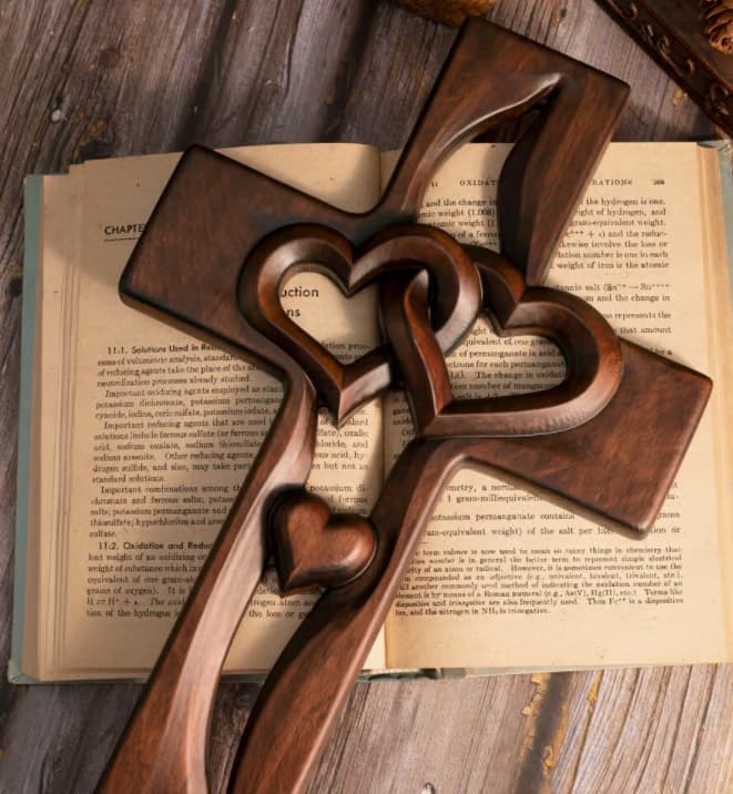 Vintage Pine Wood Cross – 100% Hand-Carved Heart Design