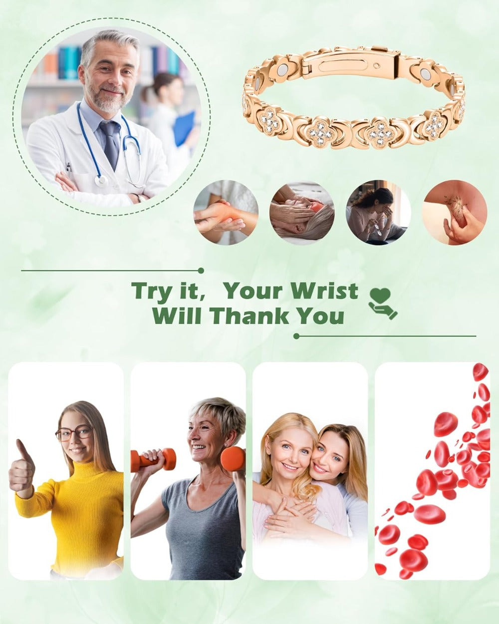 Elegant Copper Magnetic Bracelet – Lucky Clover Gift for Women (Energy & Wellness)