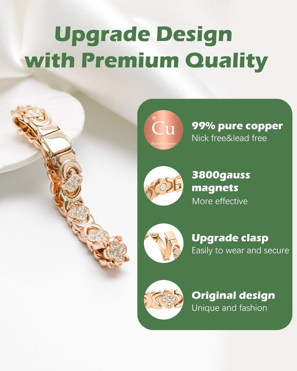 Elegant Copper Magnetic Bracelet – Lucky Clover Gift for Women (Energy & Wellness)