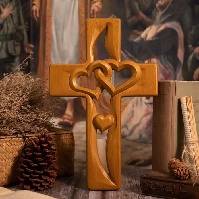 Vintage Pine Wood Cross – 100% Hand-Carved Heart Design