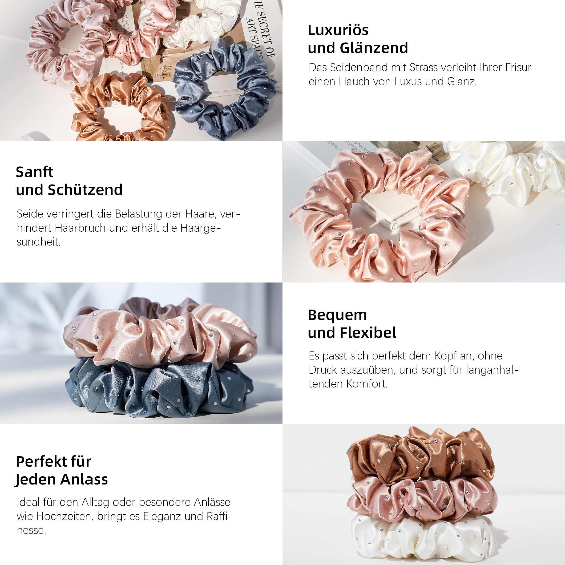 ربطات شعر حريرية بوزن 22 موم مع ستراس &ndash; طقم 3 قطع