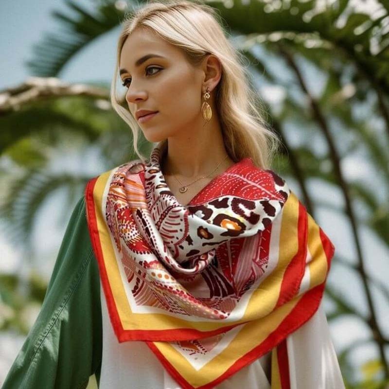 Seidenschal 18 Momme Beidseitig Bedruckt – Flammender Dschungel (52cm)