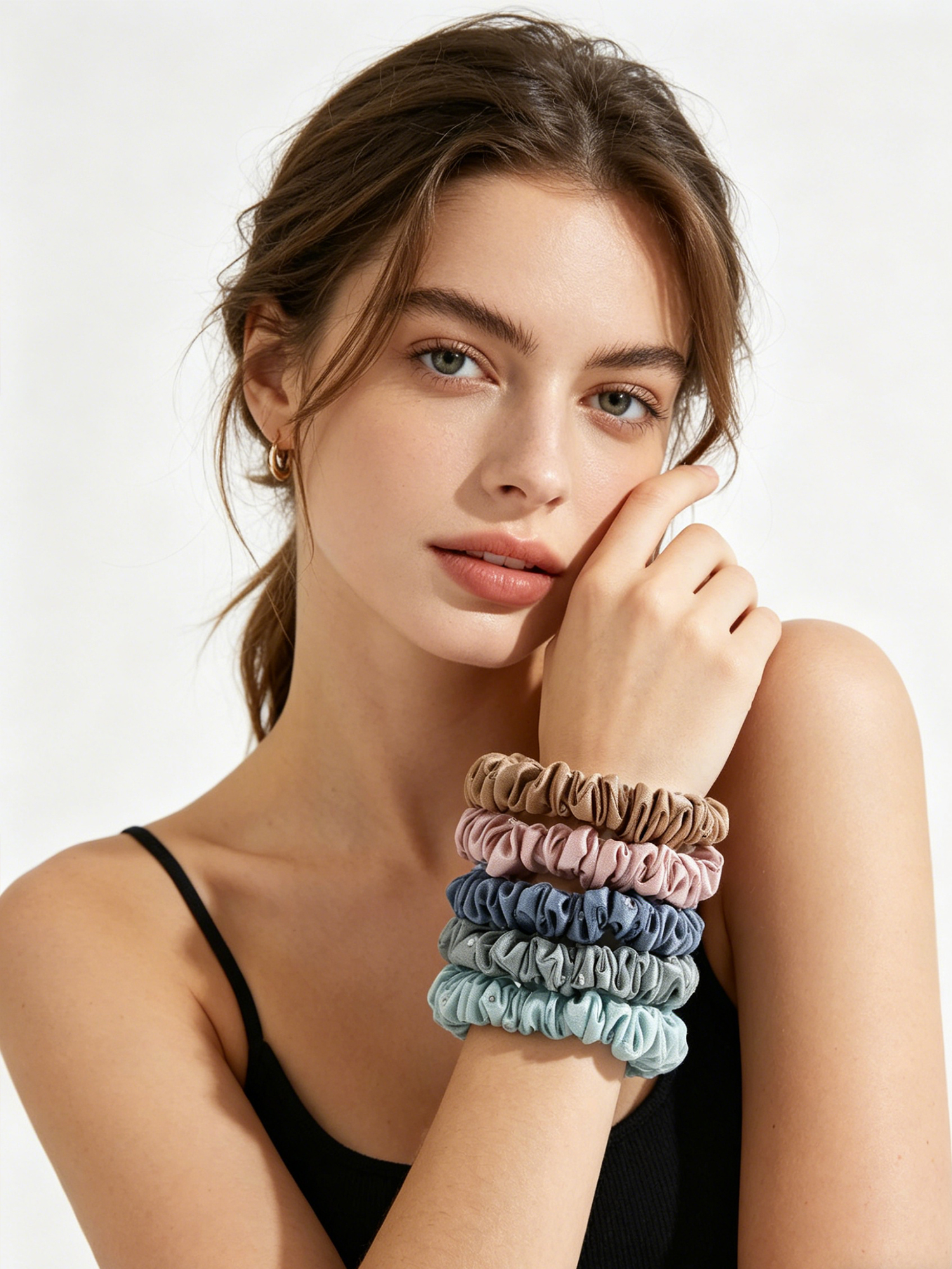 22 Momme Silk Scrunchies with Rhinestones – 5 Pack, Mixed Colors