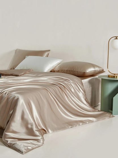 Parure de lit en soie 4 pièces 22 mommes (1 drap-housse + 1 housse de couette + 2 taies d'oreiller)