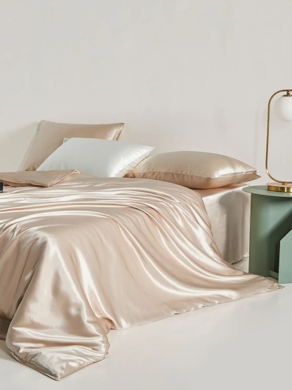 Parure de lit en soie 4 pièces 22 mommes (1 drap-housse + 1 housse de couette + 2 taies d'oreiller)