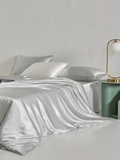Parure de lit en soie 4 pièces 22 mommes (1 drap-housse + 1 housse de couette + 2 taies d'oreiller)