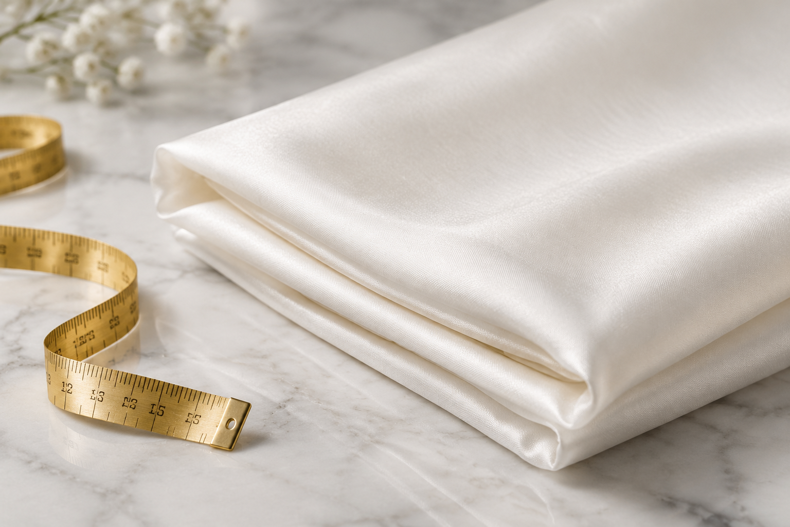 Lightweight white Habotai silk fabric on marble with a measuring tape.
