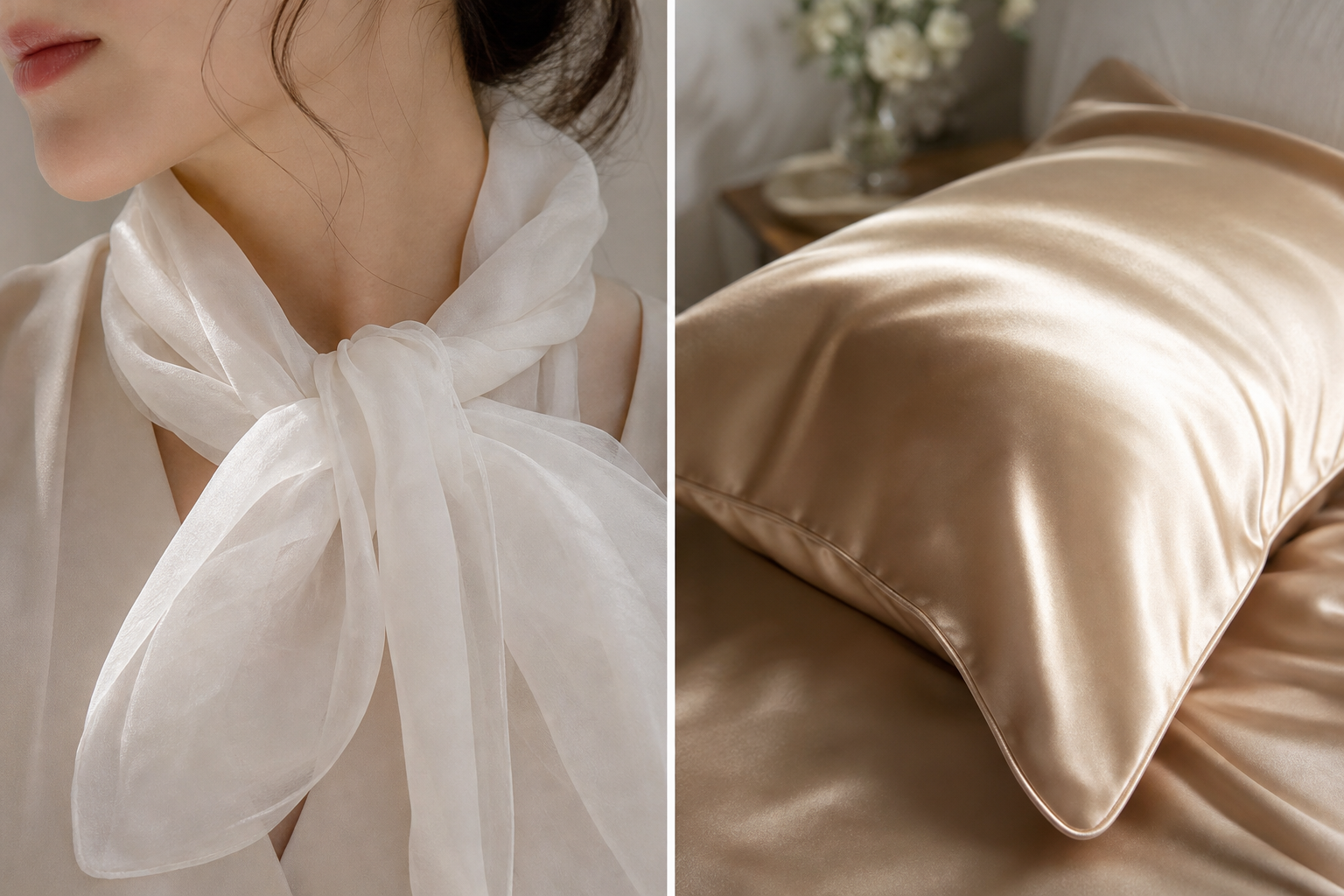 Side-by-side comparison: airy Habotai silk scarf vs. glossy Mulberry satin pillowcase.