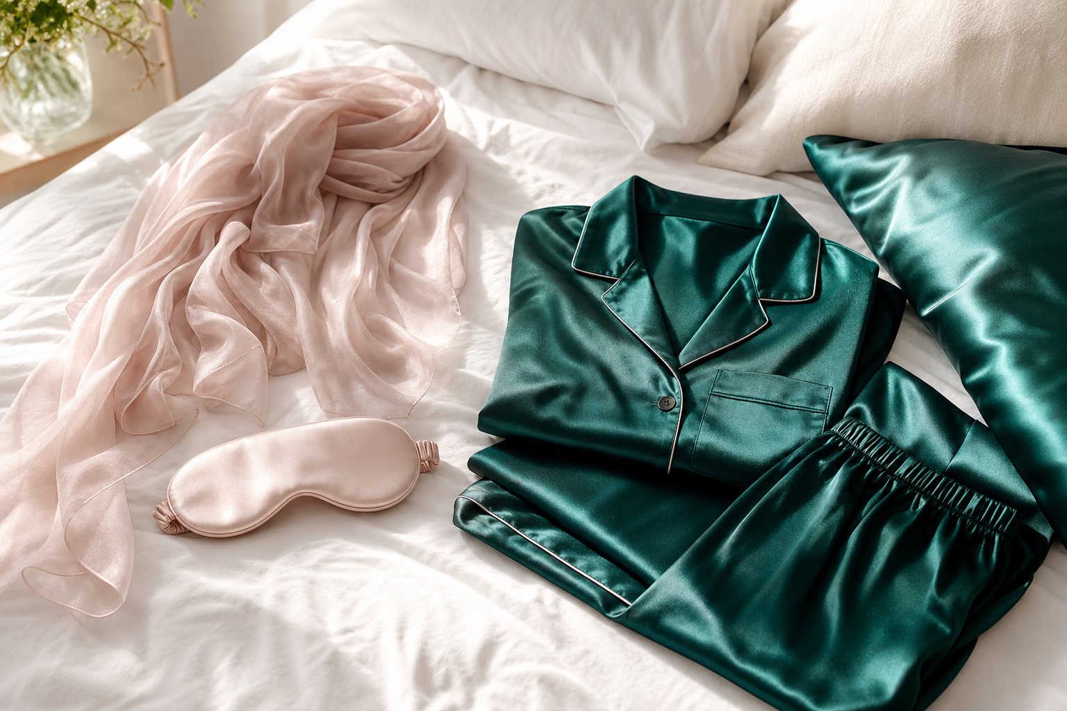 A flat-lay of pastel Habotai silk accessories and emerald Mulberry satin sleepwear.