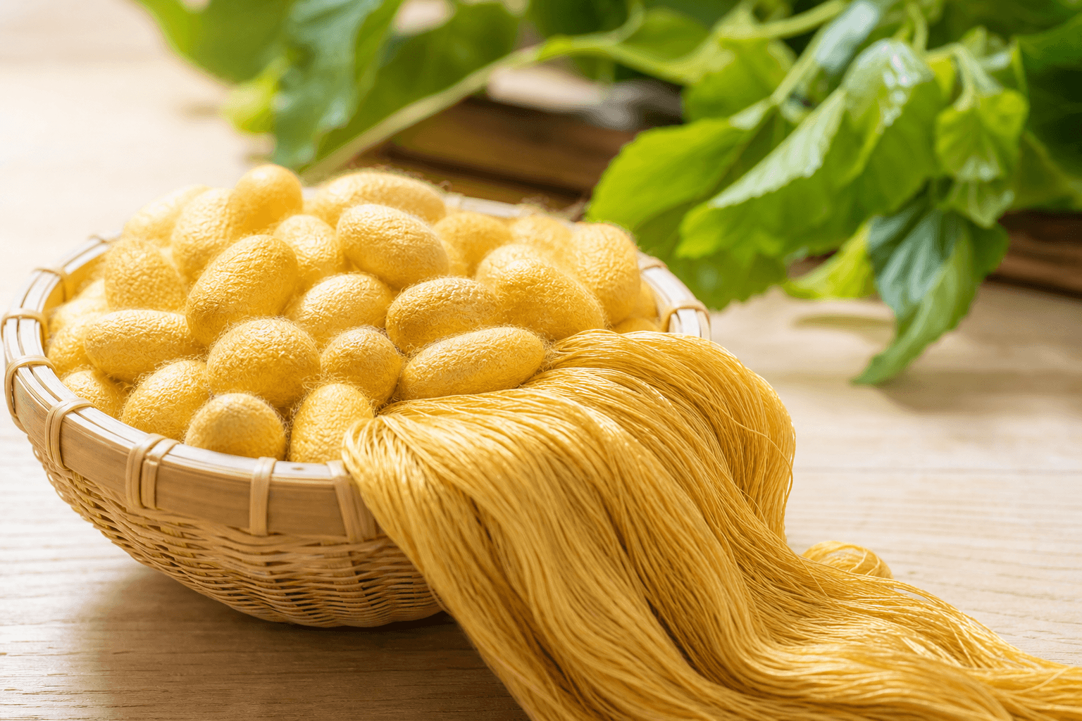 Golden silk cocoons in a bamboo basket with silk yarn and mulberry leaves