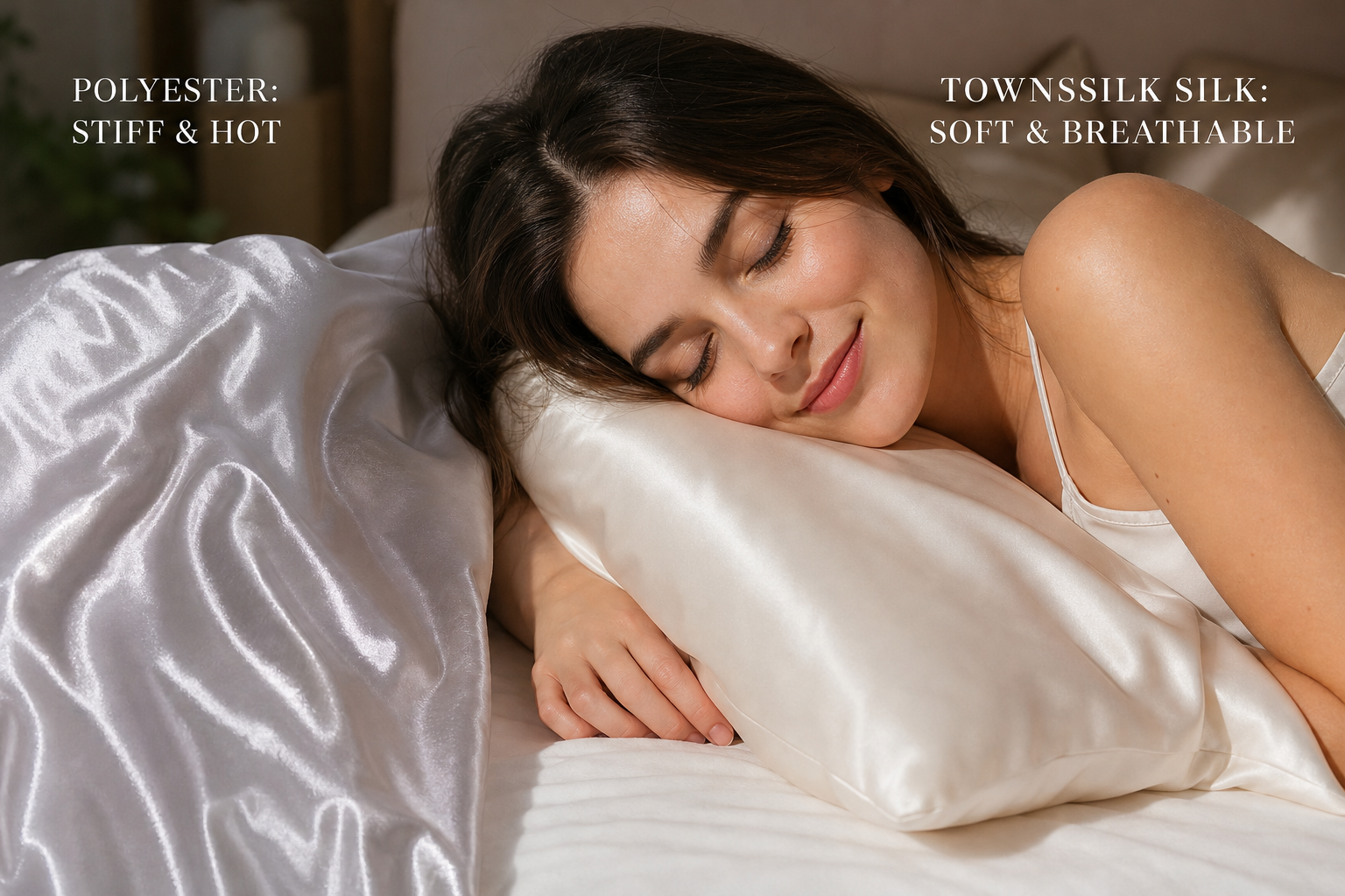 Woman sleeping on TOWNSSILK breathable silk satin pillowcase vs synthetic satin