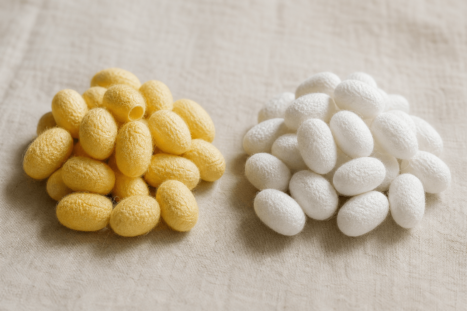 Golden silk cocoons next to white silk cocoons on linen