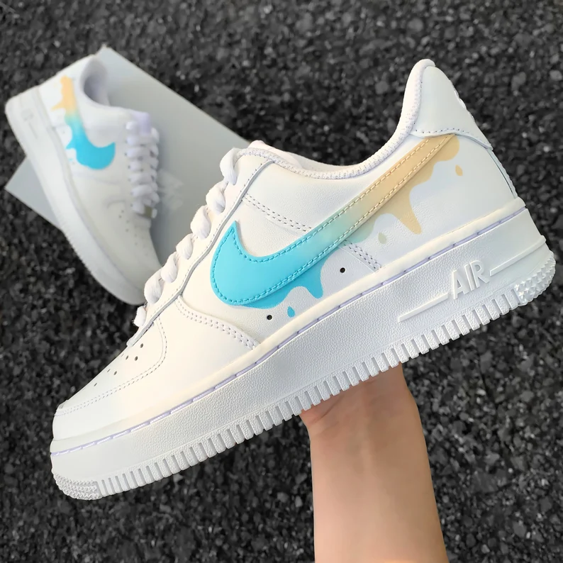 Light Blue Beige Color Gradient with Drops Custom Hand-painted Sneaker