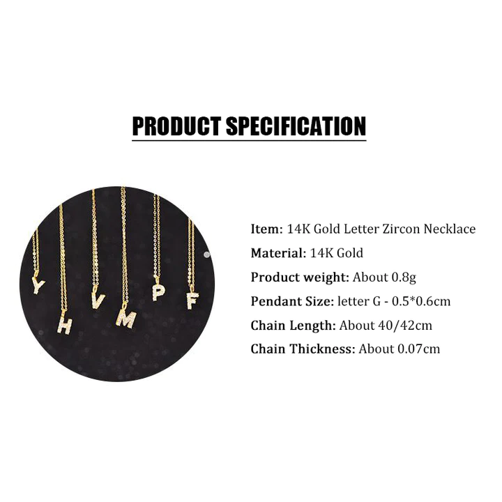 SOLID 14K GOLD INITIAL ZIRCON NECKLACE