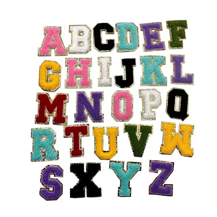 26 Piece Glitter Chenille Letter Iron on Patches Sew On Chenille Varsity A-Z Patches Alphabet Patches 