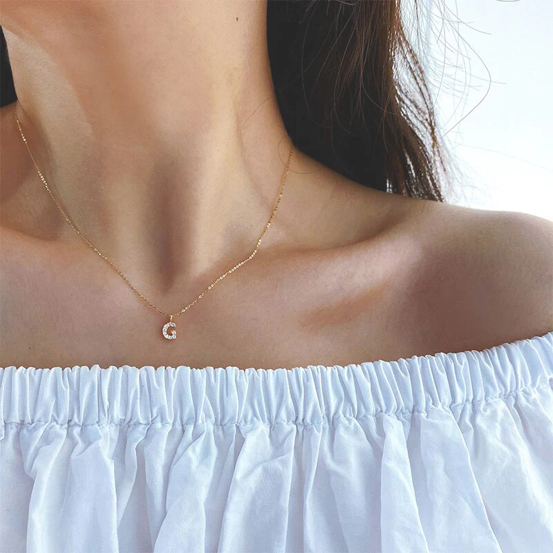 SOLID 14K GOLD INITIAL ZIRCON NECKLACE