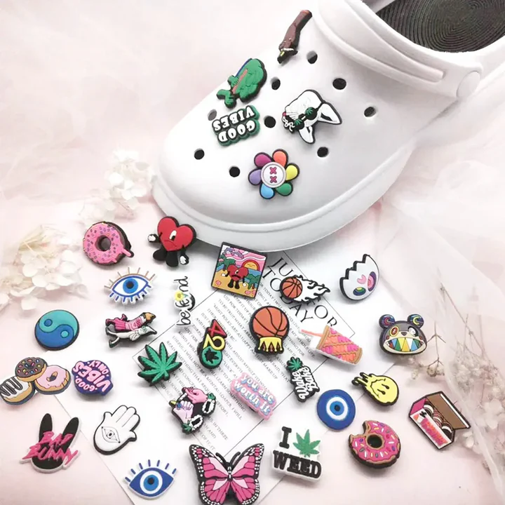 Bulk Custom Logo 2D Die Cut PVC Croc Jibbitz Slide Sandal Shoe Charms