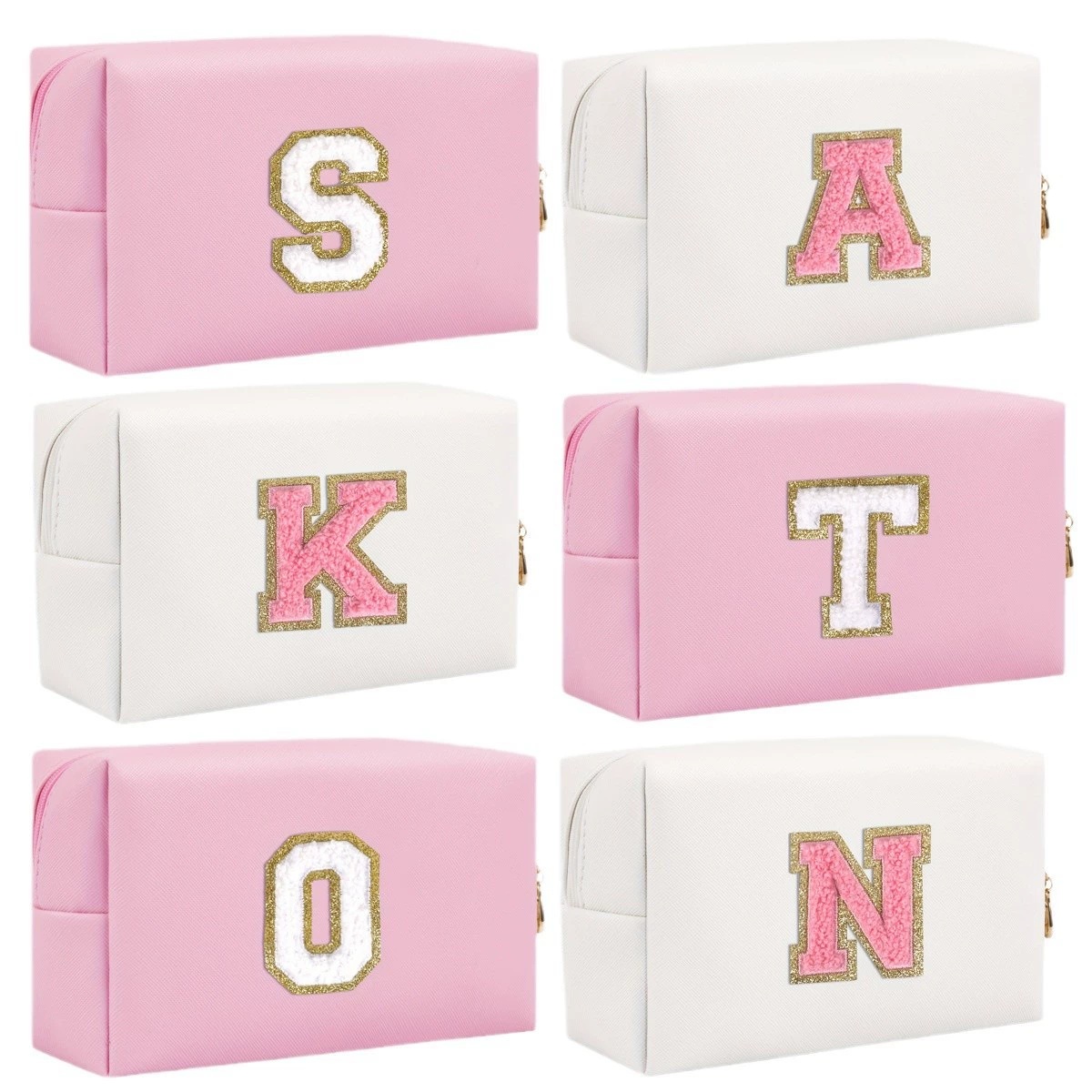 Personalized Chenille Letter PU Leather Travel Cosmetic Bag – A–Z Initial Makeup Organizer