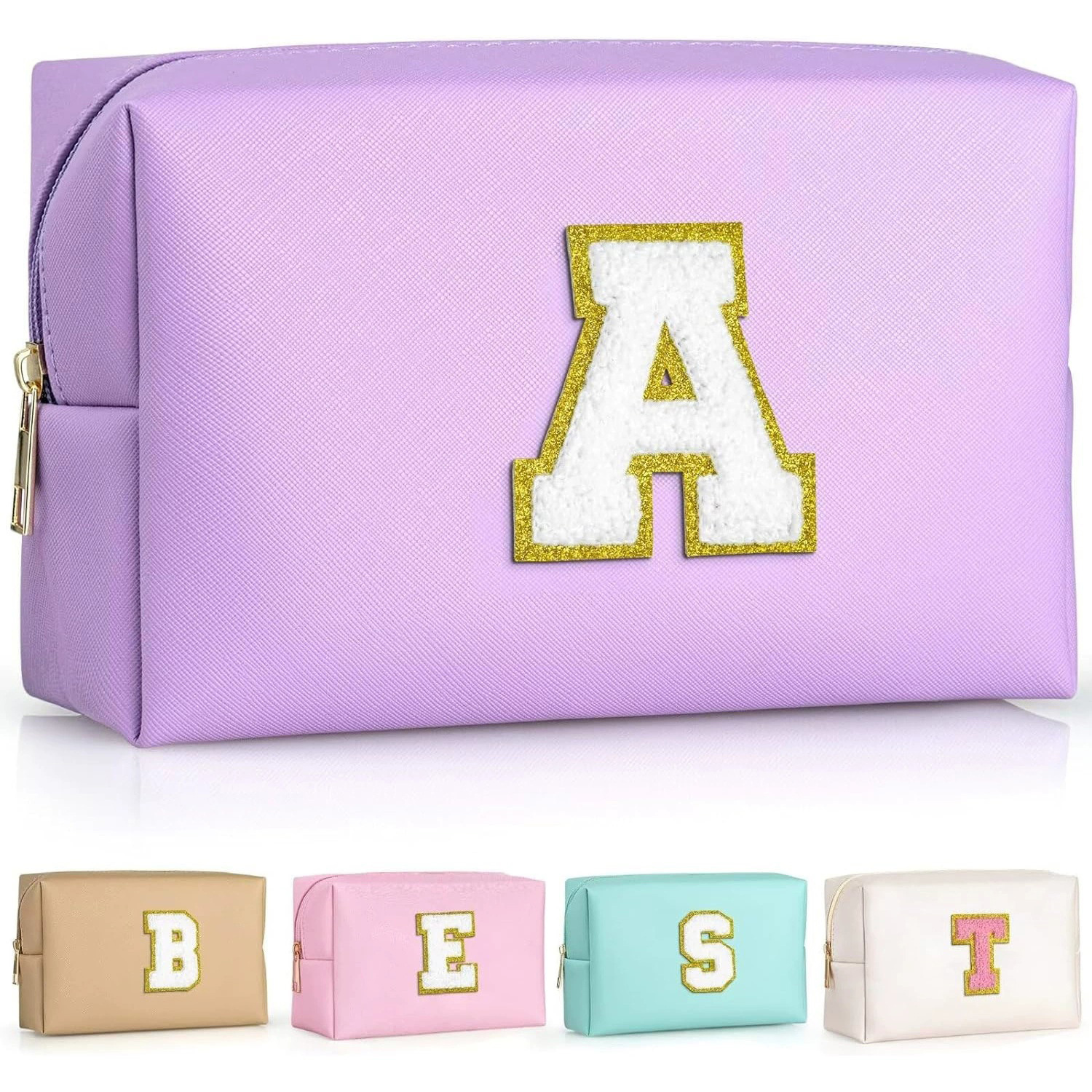 Personalized Chenille Letter PU Leather Travel Cosmetic Bag – A–Z Initial Makeup Organizer