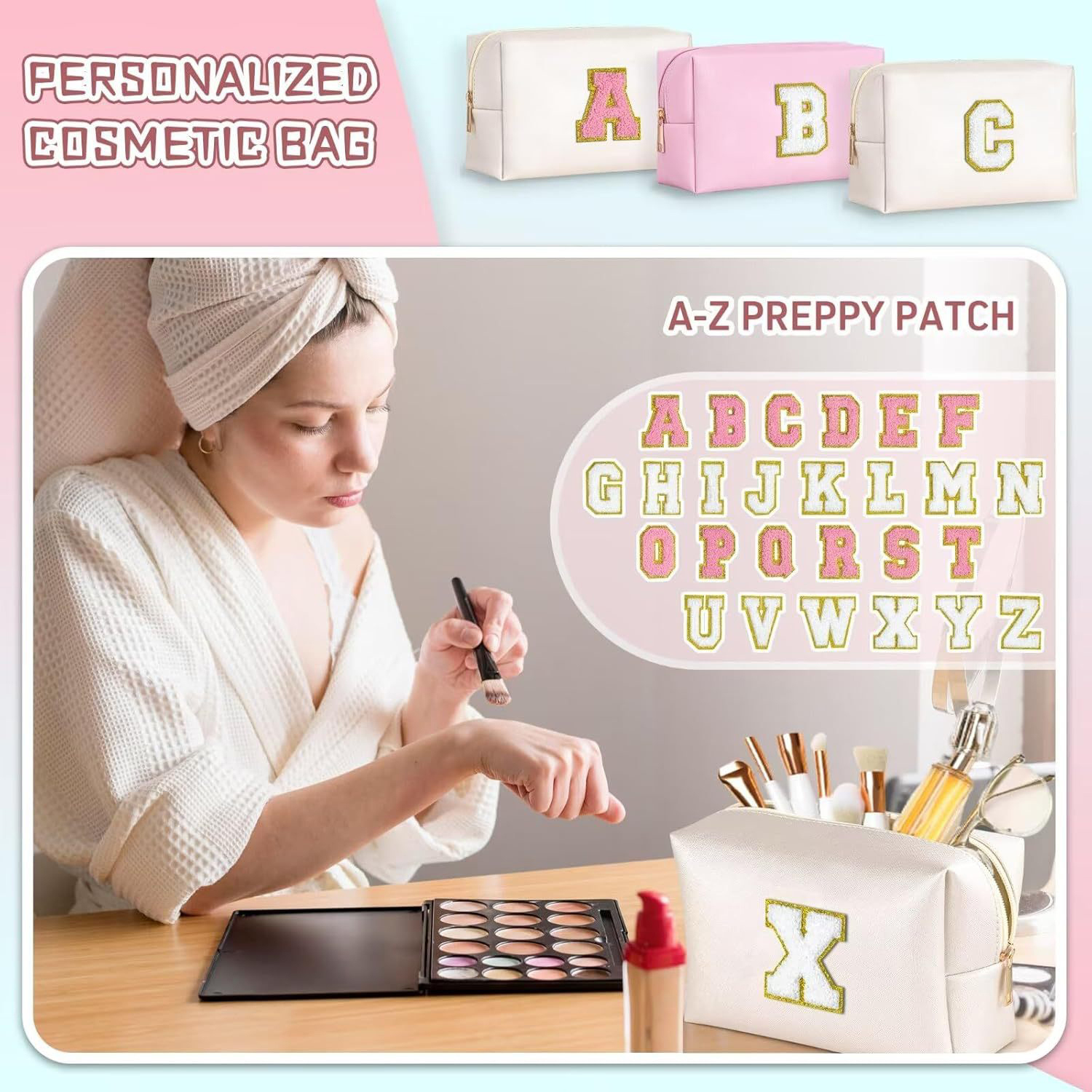 Personalized Chenille Letter PU Leather Travel Cosmetic Bag – A–Z Initial Makeup Organizer