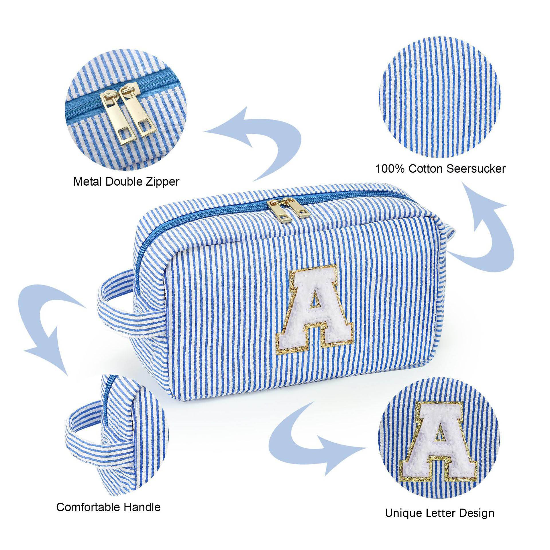 Initial Letter Travel Cosmetic Bag – Chenille Stripe Seersucker Toiletry Organizer