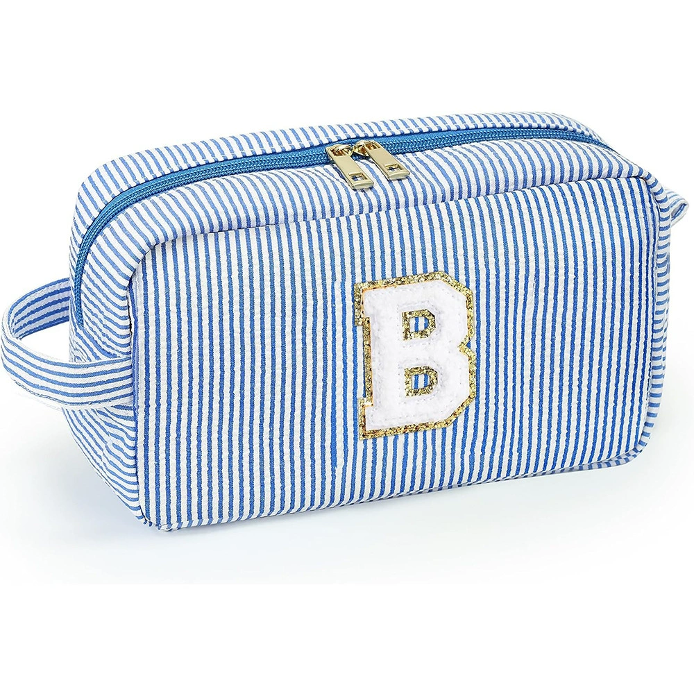 Initial Letter Travel Cosmetic Bag – Chenille Stripe Seersucker Toiletry Organizer