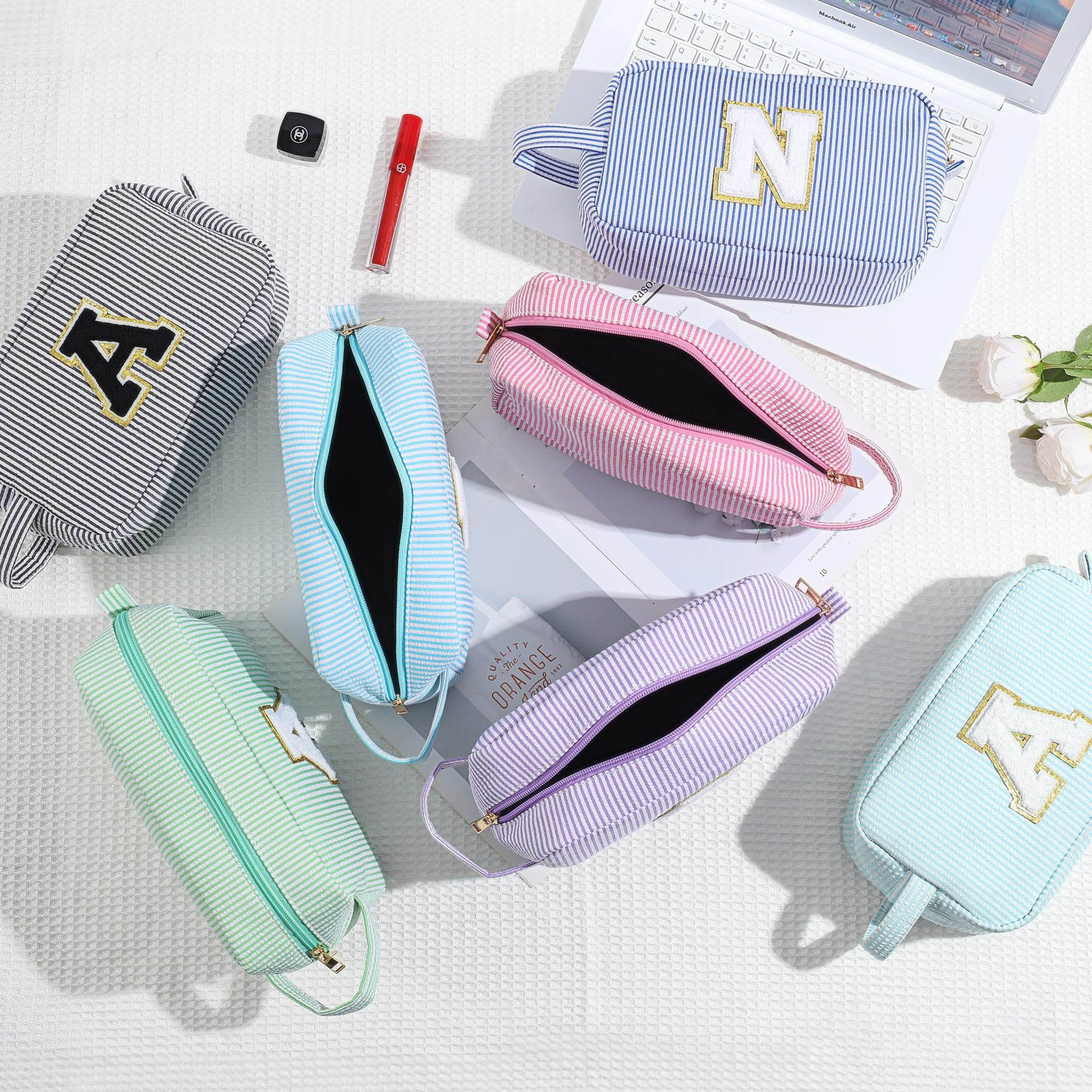 Initial Letter Travel Cosmetic Bag – Chenille Stripe Seersucker Toiletry Organizer