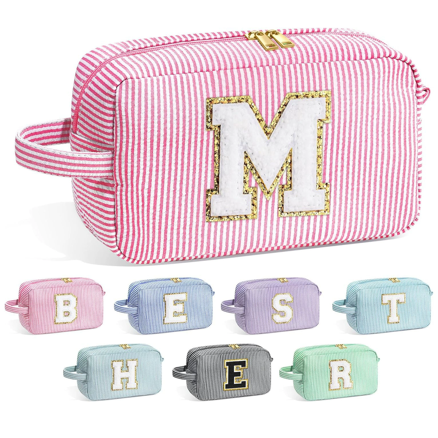 Initial Letter Travel Cosmetic Bag – Chenille Stripe Seersucker Toiletry Organizer