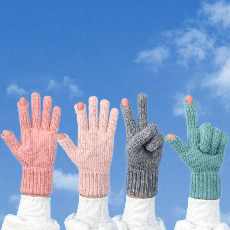 Custom Logo Winter Thicken Leak Fingers Gloves Knitted Warm Touch Screen Gloves