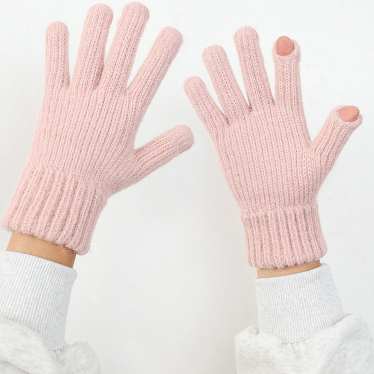 Custom Logo Winter Thicken Leak Fingers Gloves Knitted Warm Touch Screen Gloves