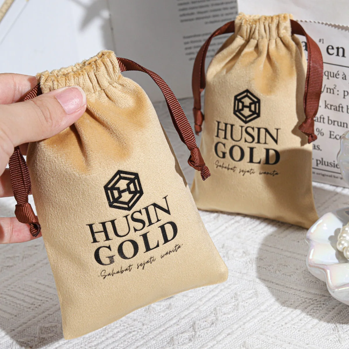 Custom Logo Velvet Jewelry Packaging Pouches Drawstring Bags