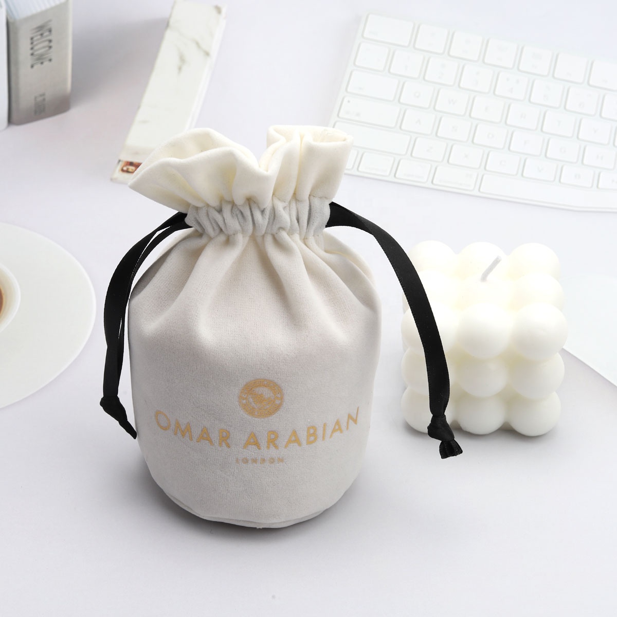 Custom Logo Velvet Round Bottom Drawstring Candle Bags Gift Pouches