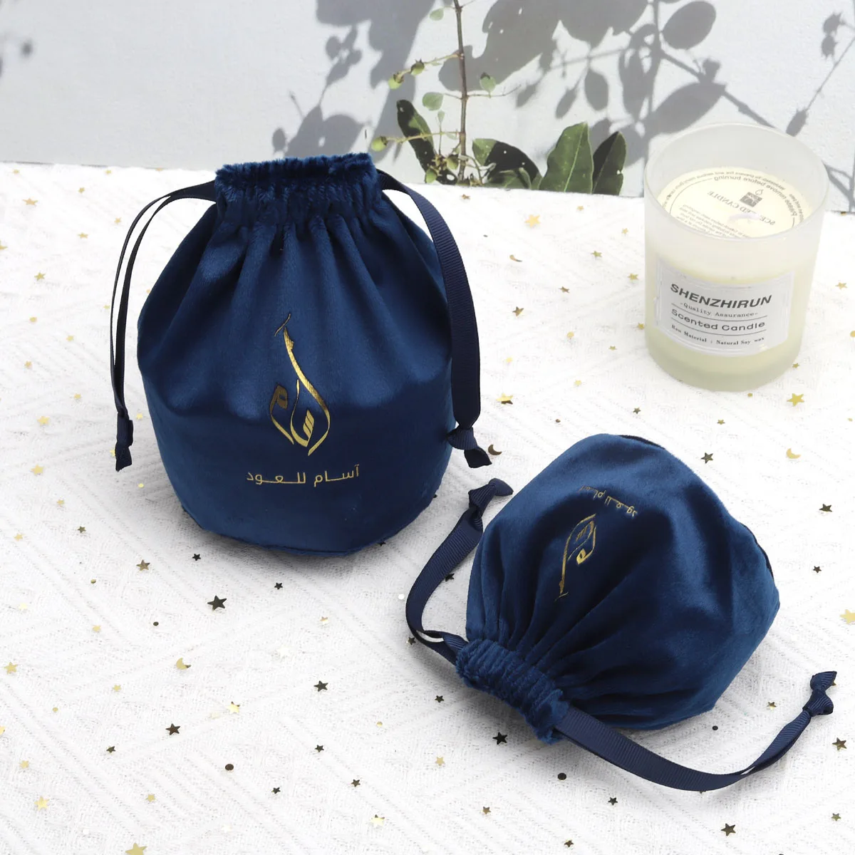 Custom Logo Velvet Round Bottom Drawstring Candle Bags Gift Pouches