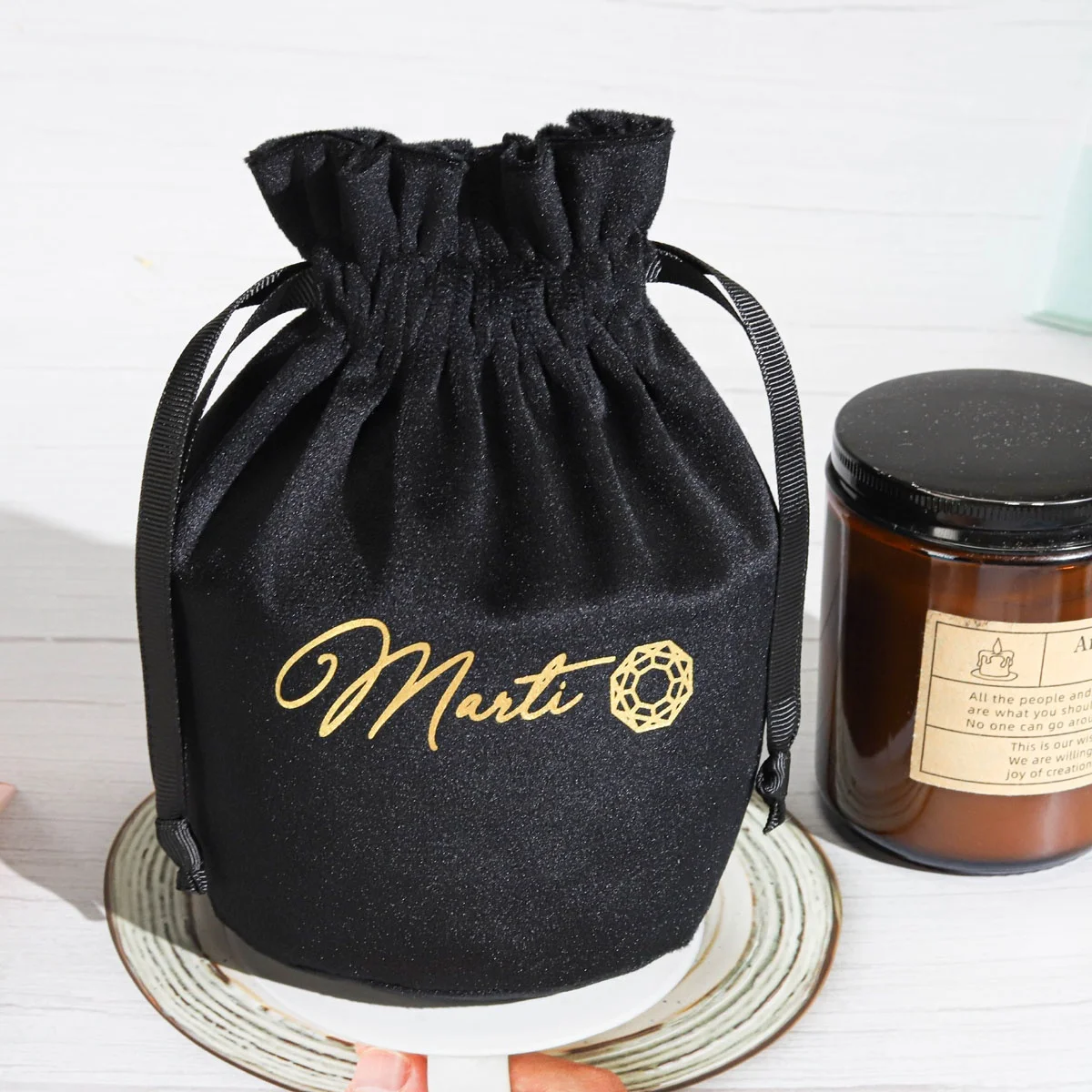 Custom Logo Velvet Round Bottom Drawstring Candle Bags Gift Pouches