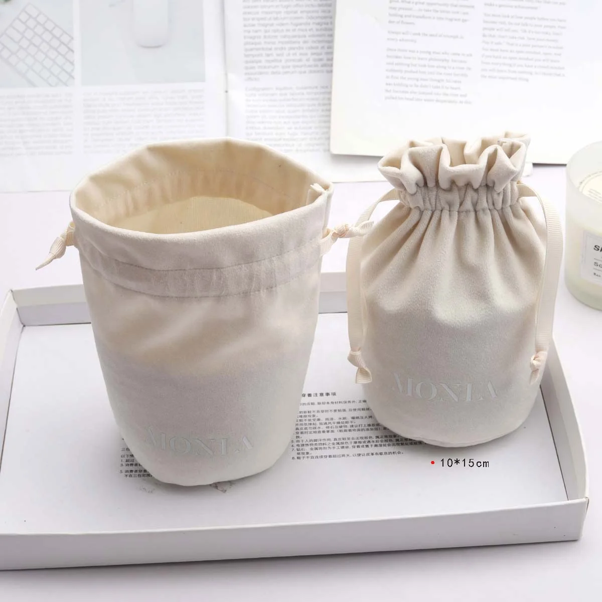 Custom Logo Velvet Round Bottom Drawstring Candle Bags Gift Pouches