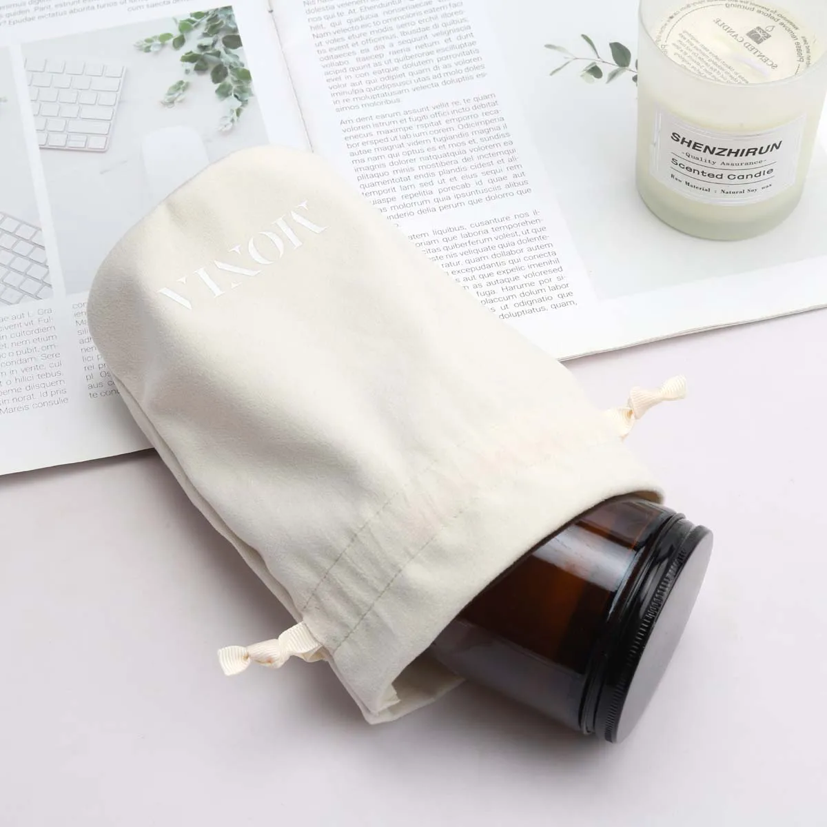 Custom Logo Velvet Round Bottom Drawstring Candle Bags Gift Pouches