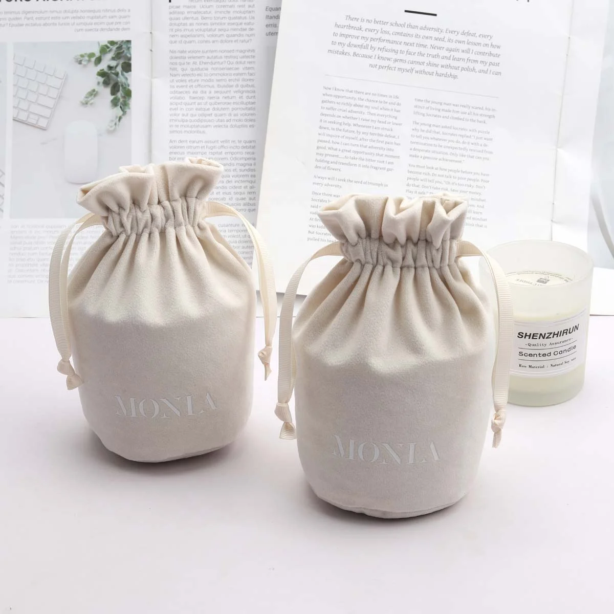 Custom Logo Velvet Round Bottom Drawstring Candle Bags Gift Pouches