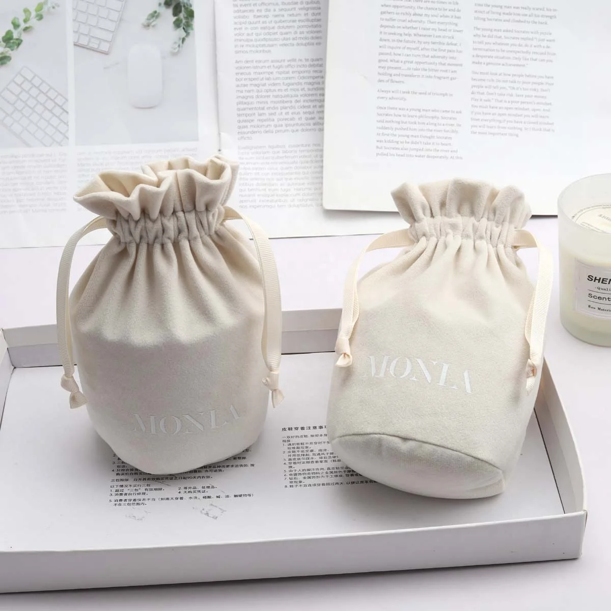 Custom Logo Velvet Round Bottom Drawstring Candle Bags Gift Pouches