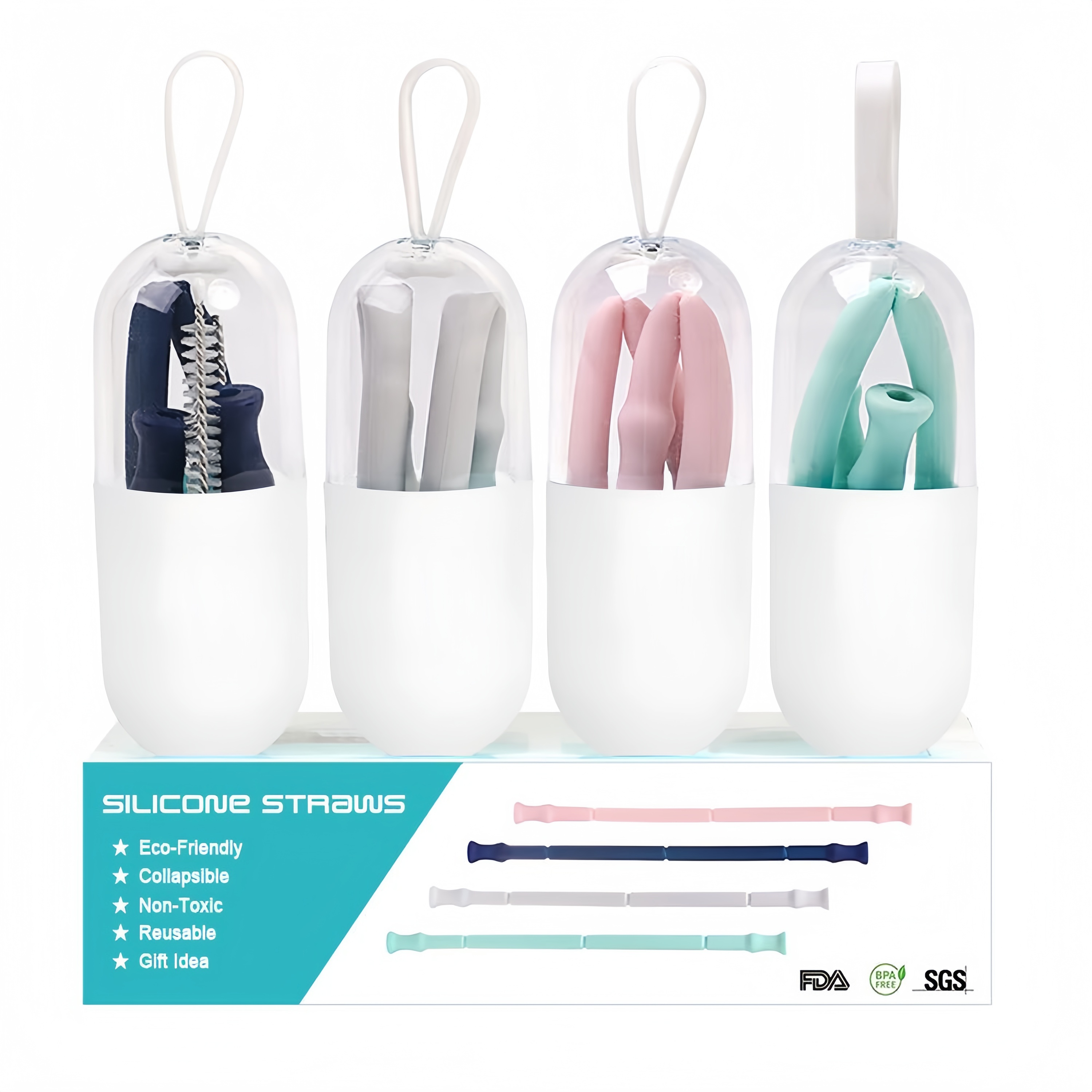 Wholesale Collapsible Silicone Straws Reusable Drinking Straw with Portable Case and Brush