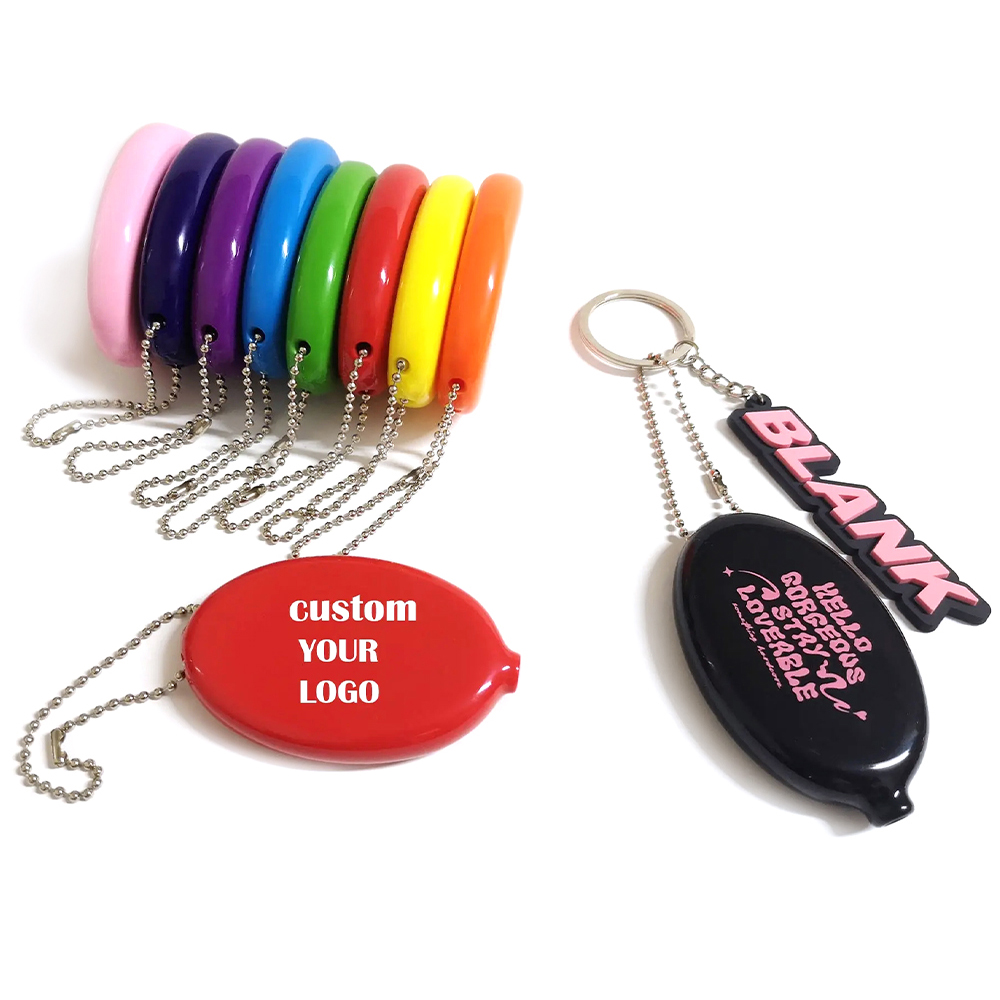 Oval Rubber Squeeze Coin Holder Pouch Custom Printed Colorful Coin Purse with Chain 