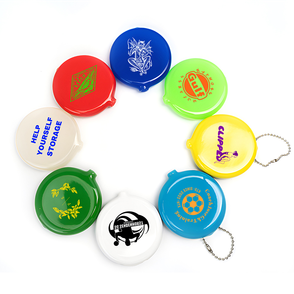 Round Rubber Squeeze Coin Holder Pouch Custom Printed Colorful Coin Purse with Chain