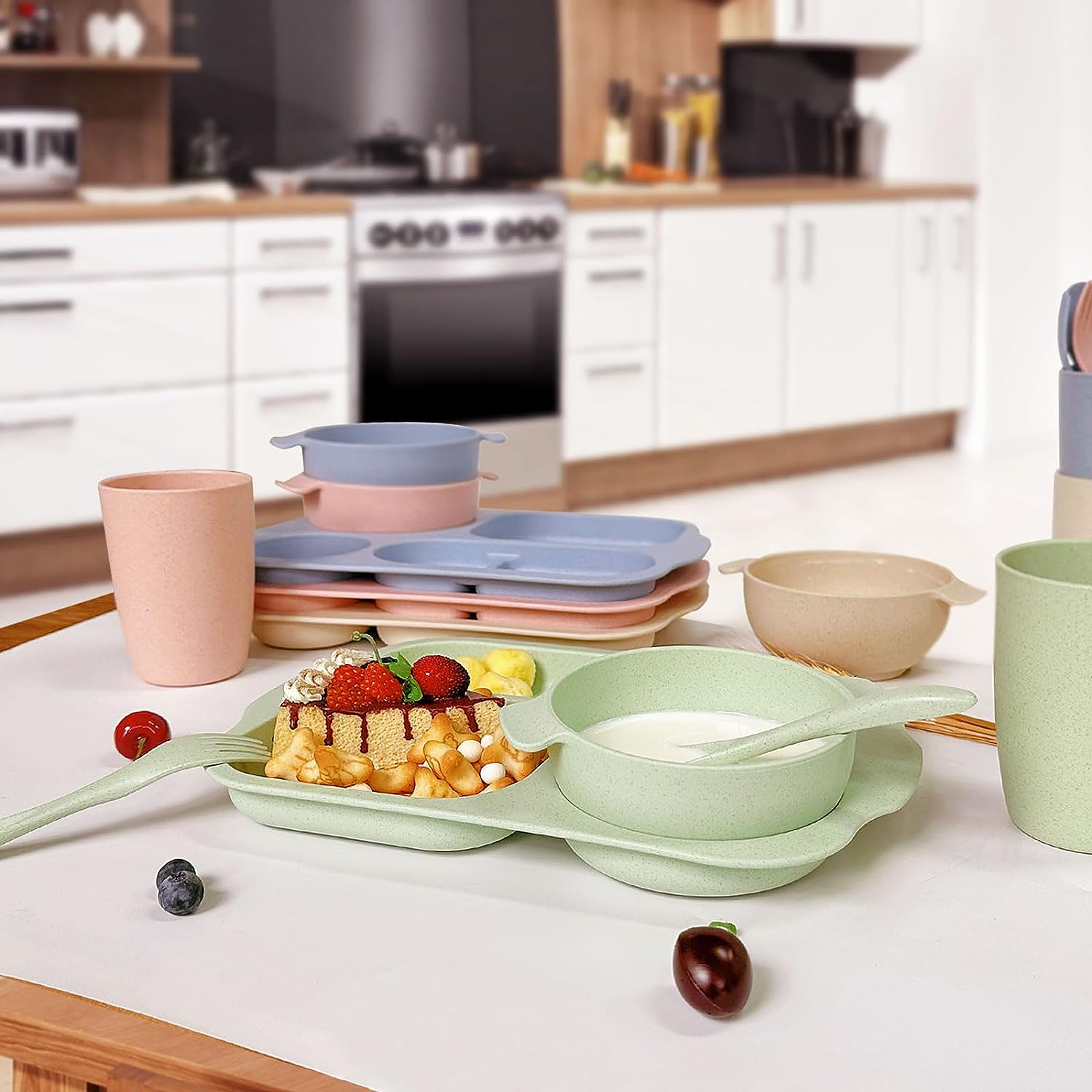 shopwithgreen Wheat Straw Dinnerware Cutlery Set, 20 PCS Kids Toddlers Divided Plates and Bowls Sets, Microwave Unbreakable Tableware Spoon Knife Cup, Dishwasher Safe for Kitchen Picnic School