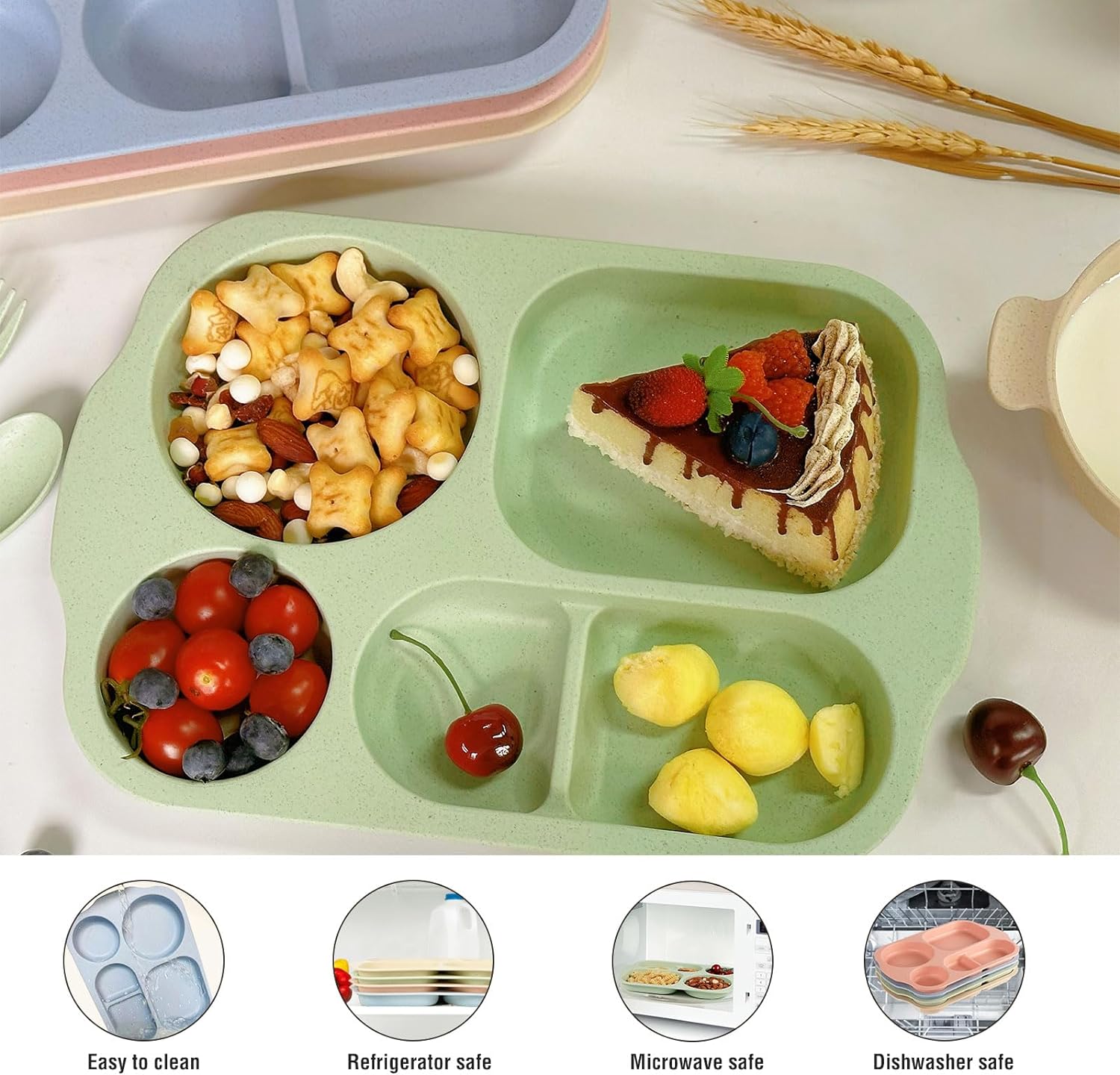 shopwithgreen Wheat Straw Dinnerware Cutlery Set, 20 PCS Kids Toddlers Divided Plates and Bowls Sets, Microwave Unbreakable Tableware Spoon Knife Cup, Dishwasher Safe for Kitchen Picnic School