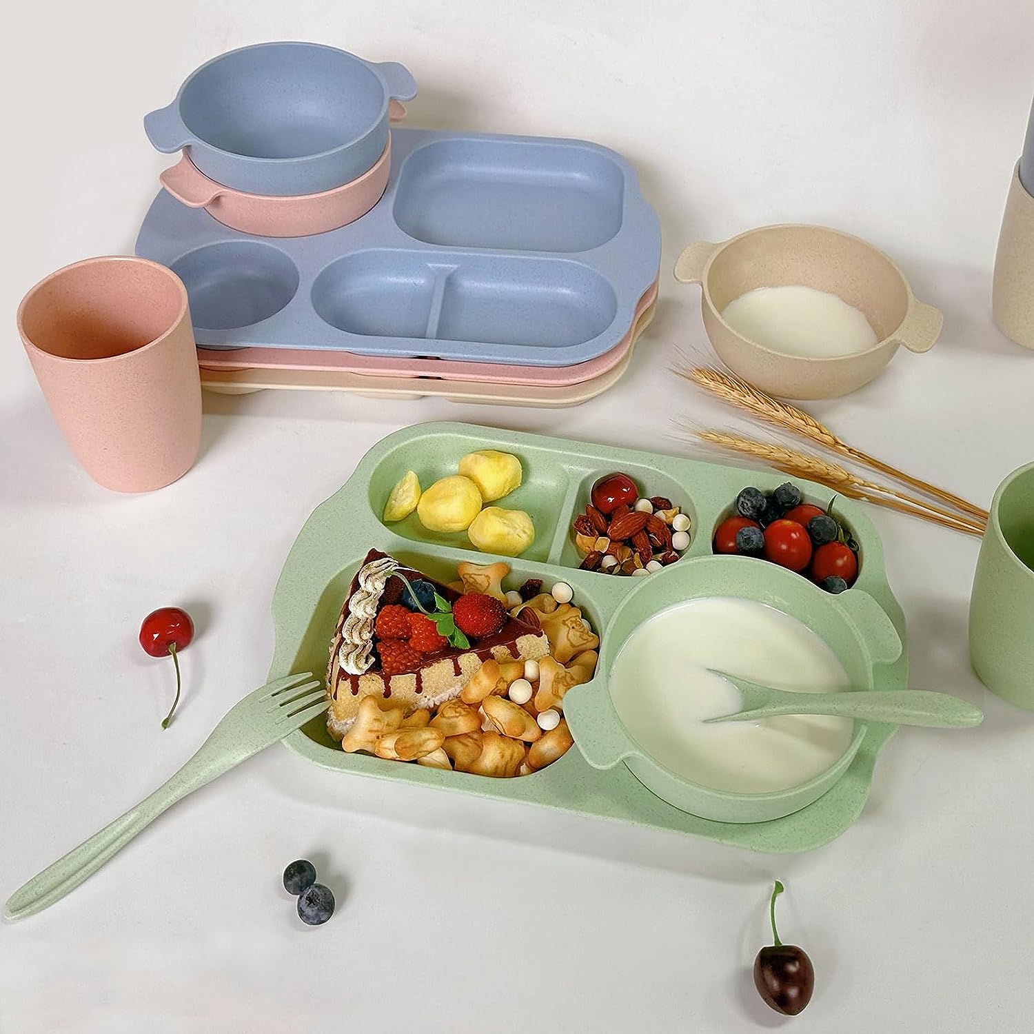 shopwithgreen Wheat Straw Dinnerware Cutlery Set, 20 PCS Kids Toddlers Divided Plates and Bowls Sets, Microwave Unbreakable Tableware Spoon Knife Cup, Dishwasher Safe for Kitchen Picnic School