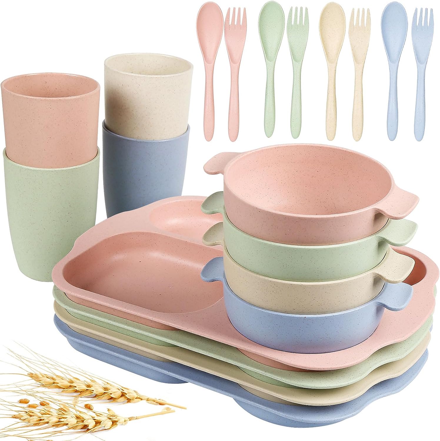 shopwithgreen Wheat Straw Dinnerware Cutlery Set, 20 PCS Kids Toddlers Divided Plates and Bowls Sets, Microwave Unbreakable Tableware Spoon Knife Cup, Dishwasher Safe for Kitchen Picnic School