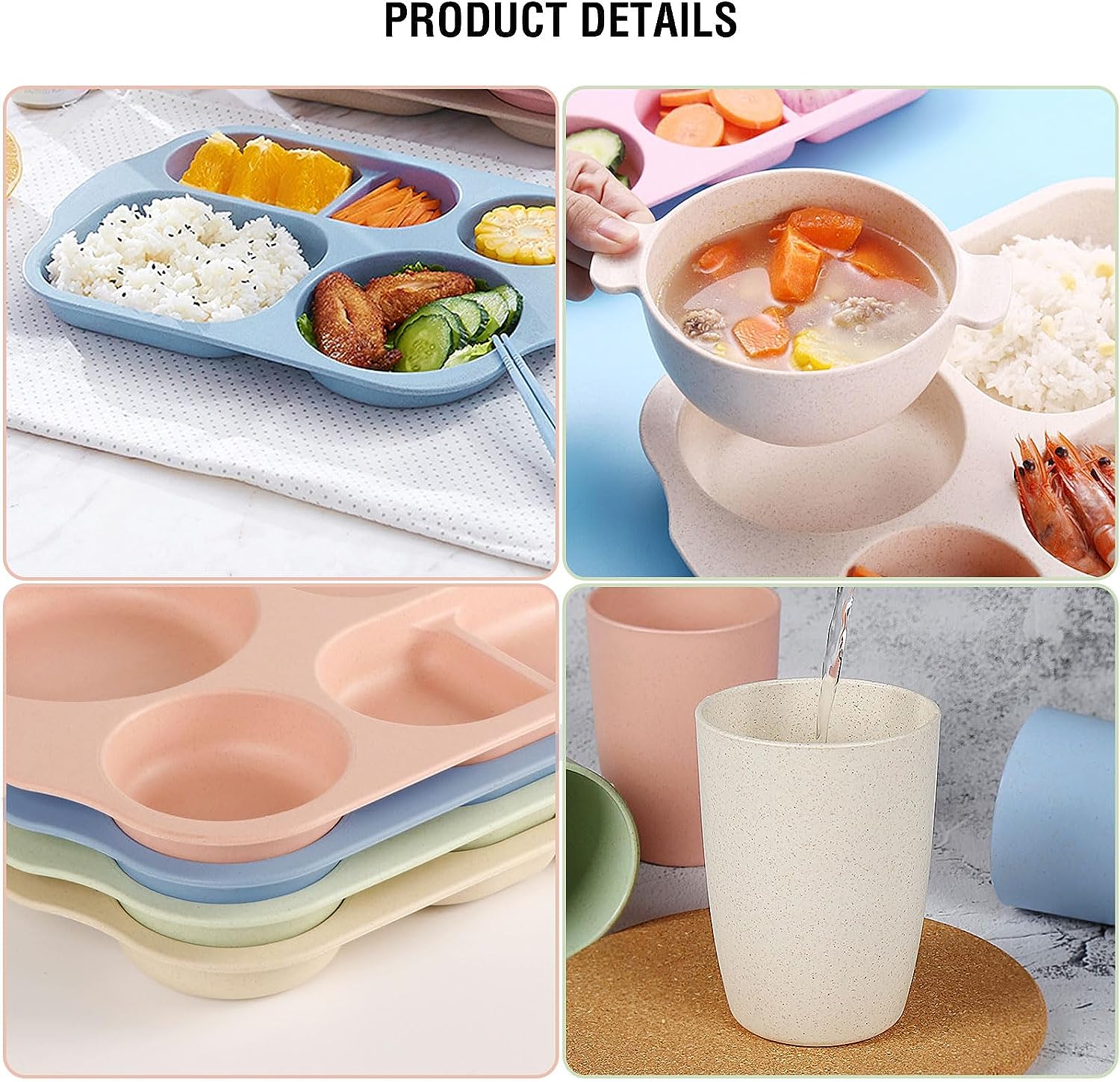 shopwithgreen Wheat Straw Dinnerware Cutlery Set, 20 PCS Kids Toddlers Divided Plates and Bowls Sets, Microwave Unbreakable Tableware Spoon Knife Cup, Dishwasher Safe for Kitchen Picnic School